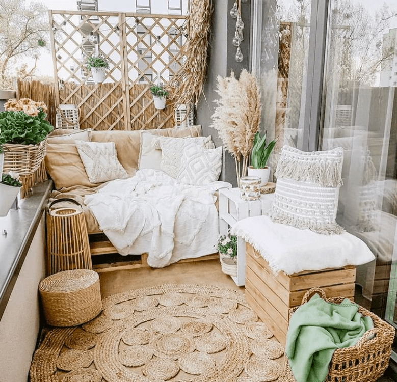 boho outdoor balcony with wicker decor