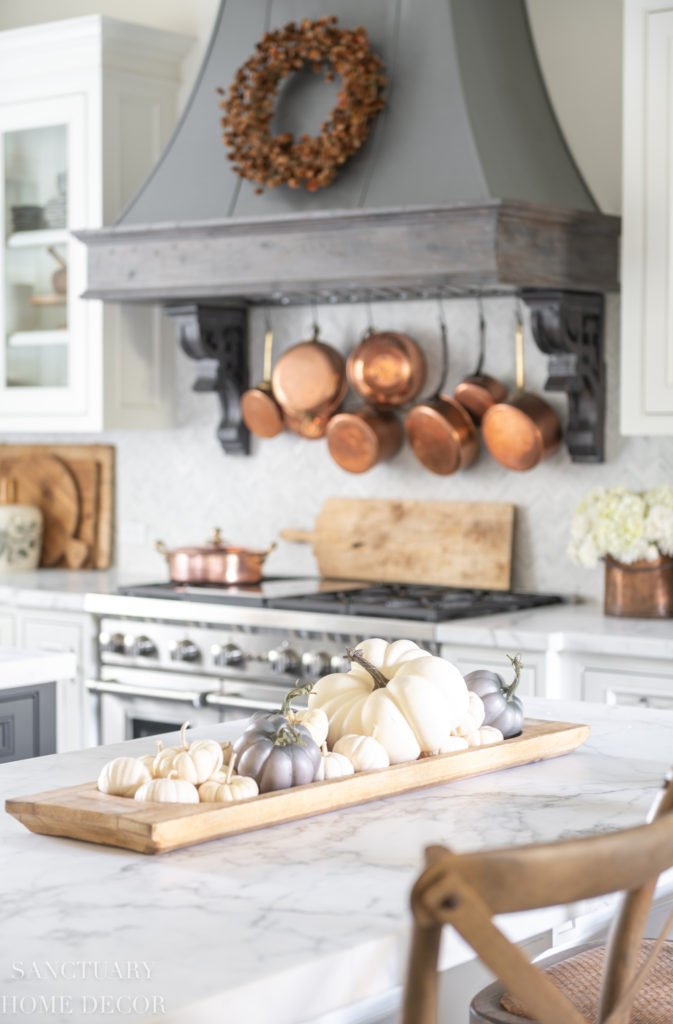 Fall Kitchen Wreath and Pumpkin tray on Kitchen Island