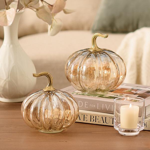 Coffee Table Fall Vignette with Glass Pumpkins