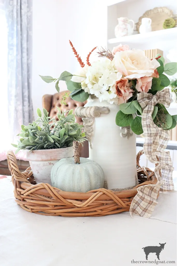 Pretty fall vignette in a woven basket tray