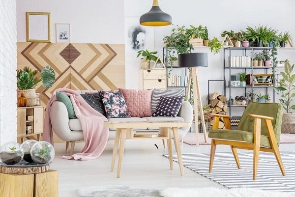 Boho living room with a mid-century flair