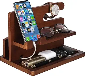 Key and Phone Organizer with Docking Station dark wood