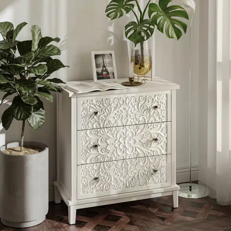 White dresser with mandala design drawer fronts