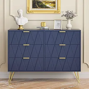 grayish blue dresser with geometric design drawer fronts