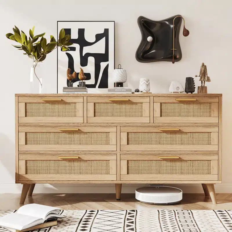 7 Drawer dresser with rattan drawer fronts and gold slim handles