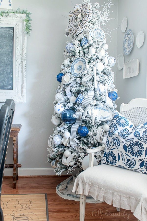 Farmhouse blue and white christmas tree