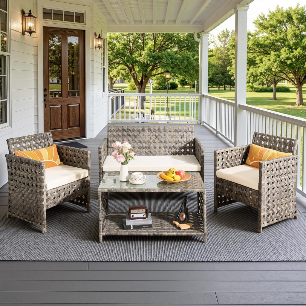 4-Piece Patio Furniture Set, All Weather Rustic Wicker Bistro Set, Outdoor Sofa Loveseat Chairs with Glass Table Conversation Sets for Balcony Porch Lane Garden, Beige