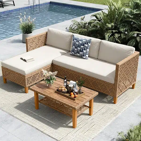 L Shaped Outdoor Couch Set, Wicker Patio Furniture Set, Rattan Outdoor Sectional Sofa with Acacia Wood Coffee Table, 3 Pieces Small Patio Conversation Set for Backyard, Beige