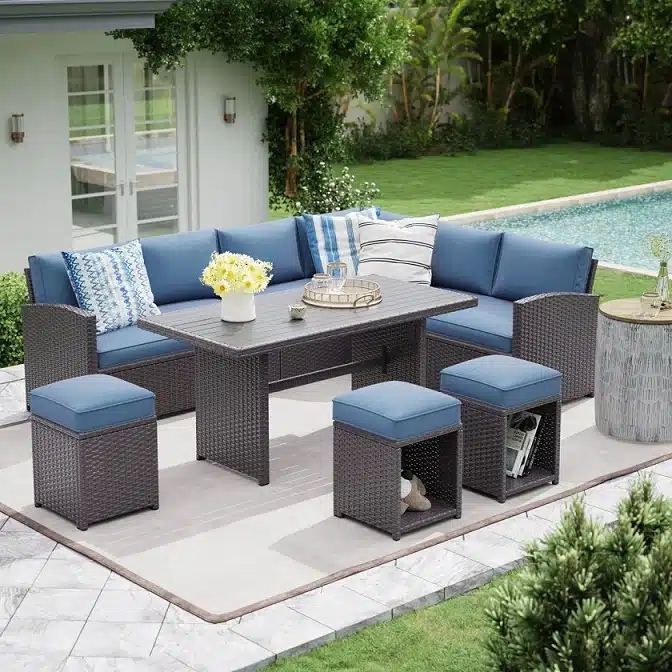 Conversation Pit with Loveseat, Arm Chairs and High Coffee Table and Stools