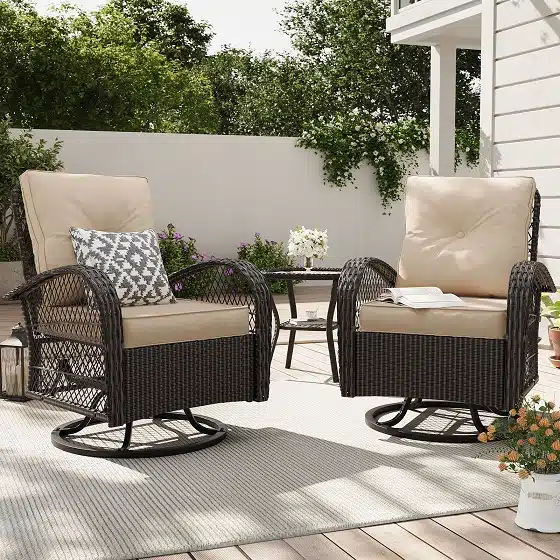 3 Pieces Patio Furniture Set, Outdoor Swivel Gliders Rocker, Wicker Patio Bistro Set with Rattan Rocking Chair, Glass Top Side Table and Thick Cushions