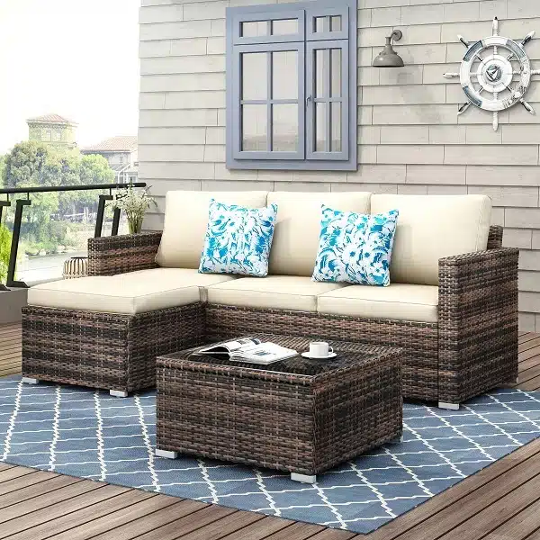 Three-Piece Wicker Patio Conversation Set with Cushions