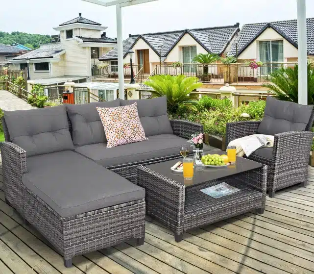 Patio Rattan Furniture Set Cushioned Loveseat Table Shelf Gray