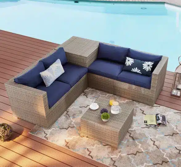 4 - Person Patio Conversation Set with blue Cushions and hidden storage